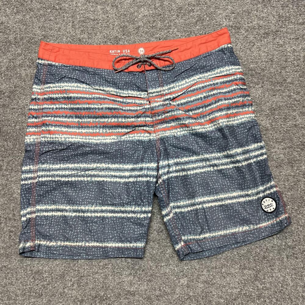 Katin Board Shorts Mens 34 Blue Striped Swim Trunks Quick Dry Surf Back Pocket